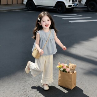 女童花边无袖背心阔腿裤两件套夏季休闲套装冰感亲肤