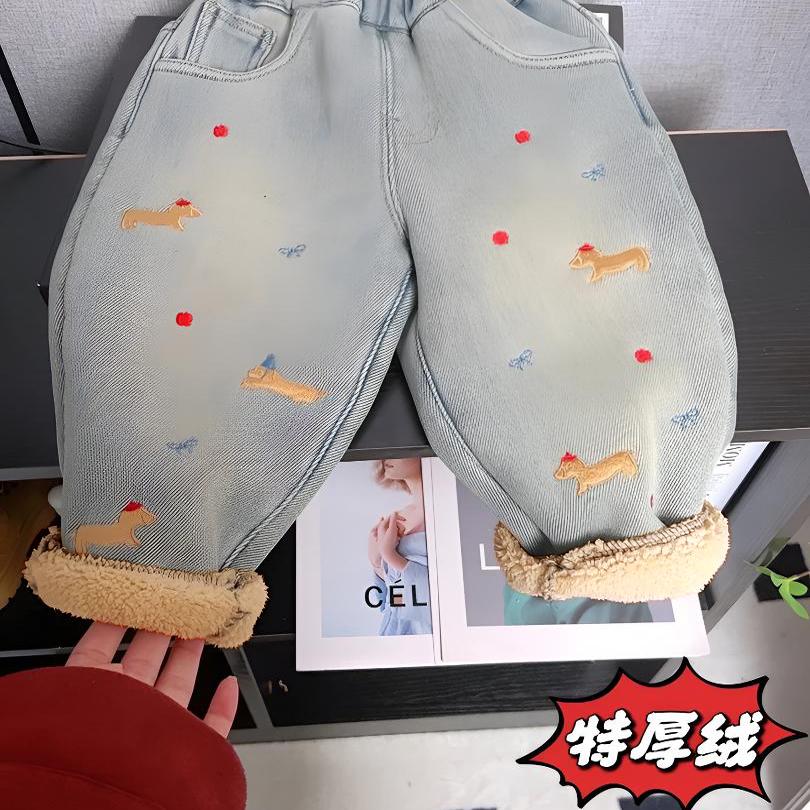 儿童一条过冬加厚牛仔裤老爹裤