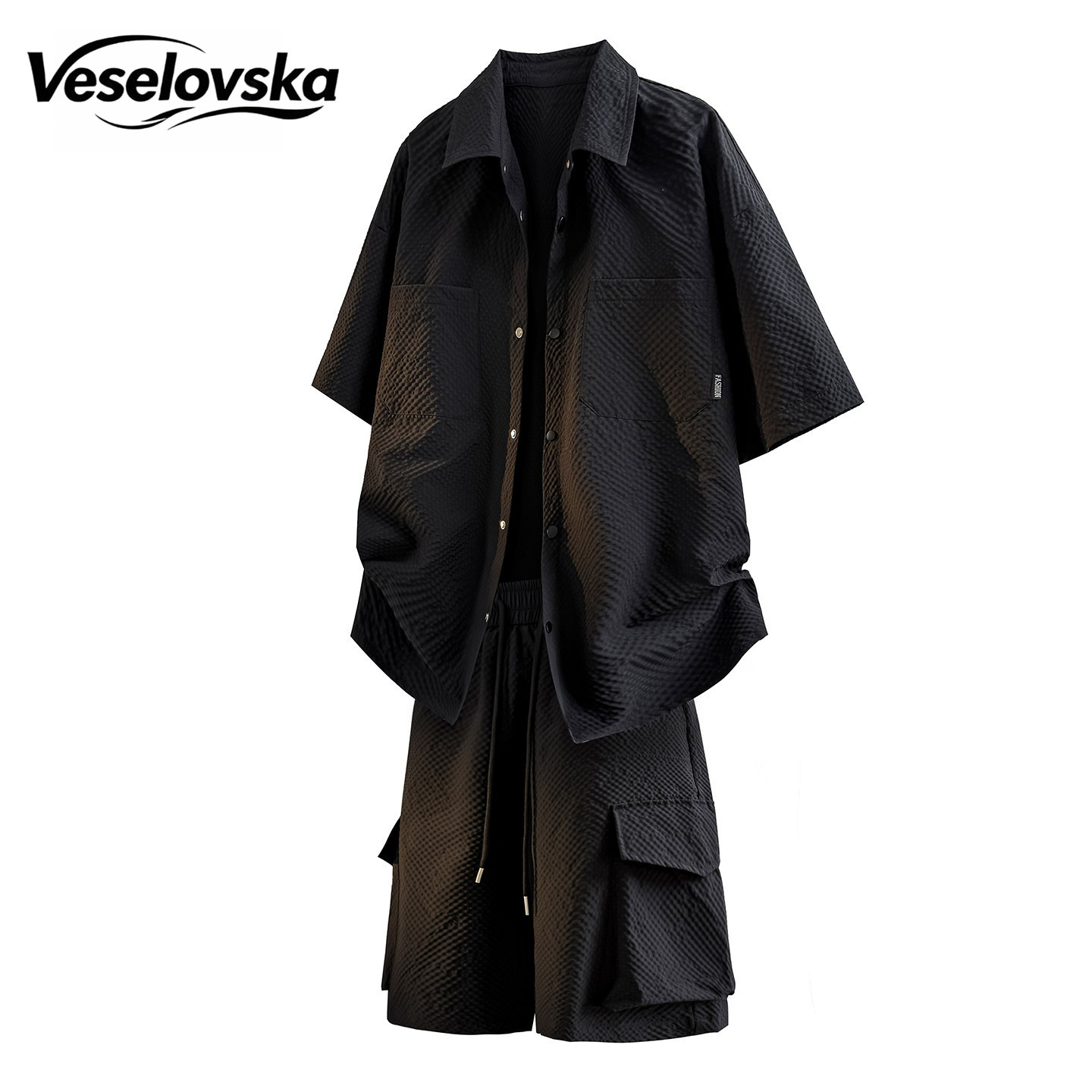 Veselovska短袖衬衫套装男夏季新款美式休闲运动两件套青少年痞帅