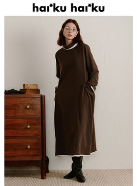 Haiku 生巧配色 复古电影感羊毛精纺连衣裙 双面穿毛边撞色拼接裙