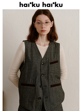 haiku 复古撞色多口袋拼接设计 显薄的纸片人直身宽松套装马甲