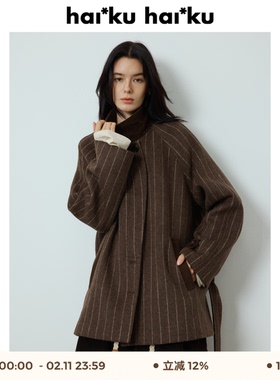 haiku “casa”复古条纹羊毛兔绒毛呢大衣 斜门襟羊毛混纺外套