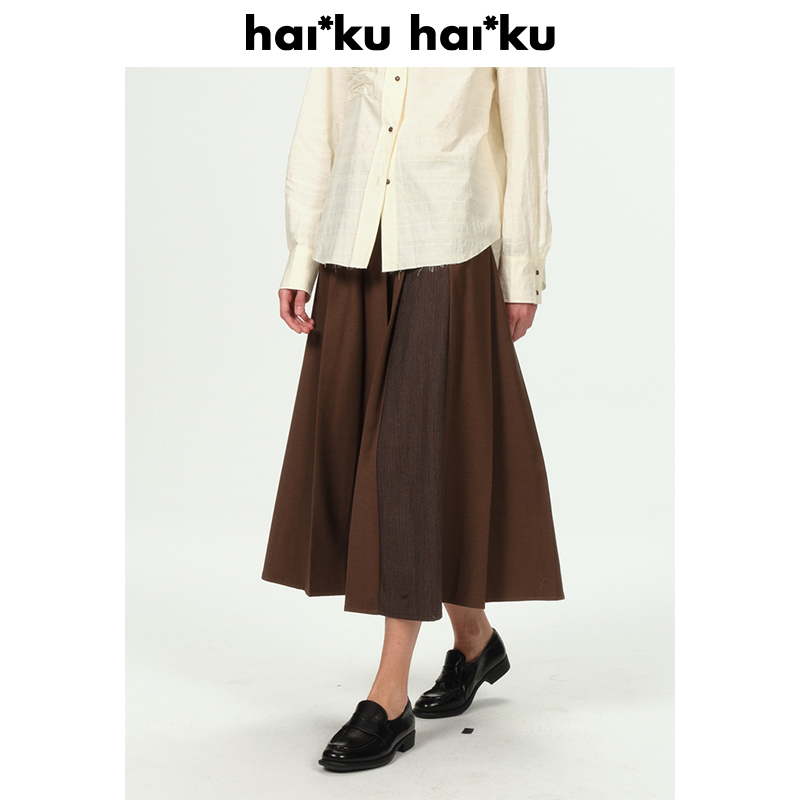 Haiku “Tile Floor” 拼接压褶工艺 羊毛毛呢复古过膝长半裙