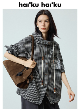 haiku “casa”黑白格纹衬衫外套女连帽落肩宽松长袖上衣