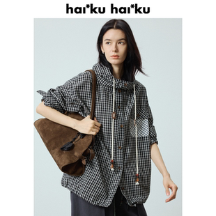 外套女连帽落肩宽松长袖 黑白格纹衬衫 上衣 casa haiku