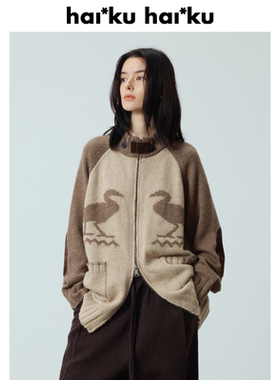 haiku“casa”Vintag感重工复古小鸭提花毛衣女 插肩袖刺绣开衫