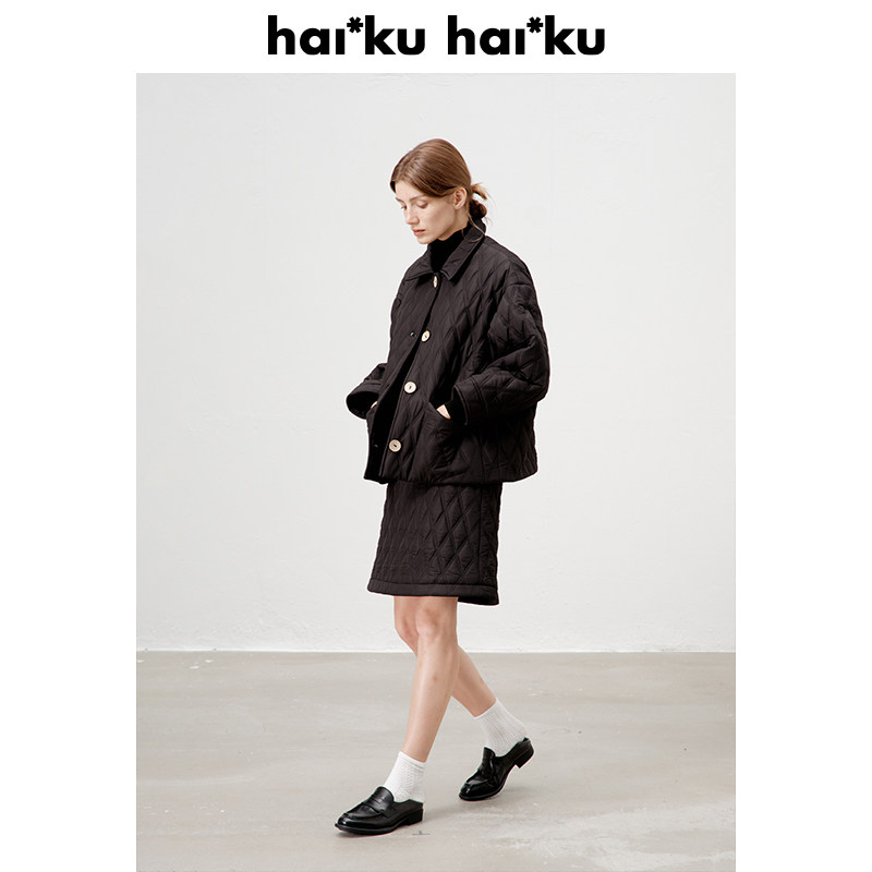 haiku 定制绗缝菱格面料 保暖夹棉刺绣温暖新款套装棉服棉半裙