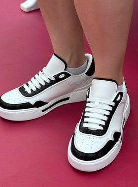 SAM JIMMY巴黎时尚小白鞋新款拼色系带真皮毒家厚底休闲板鞋男鞋