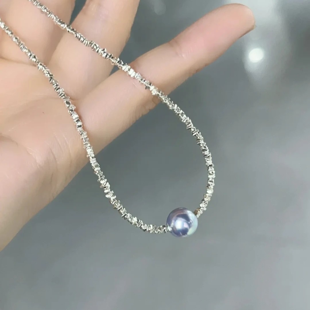 爆闪碎银子项链进口海水真多麻色珍珠项链正圆强光微瑕银蓝光高级