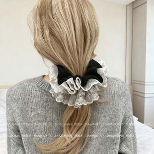 毛线蕾丝花边大肠发圈女高级感洋气时尚 丸子头发绳大号头花扎头绳