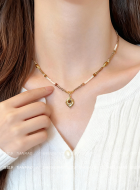 复古串珠虎眼石吊坠项链莫瑞风