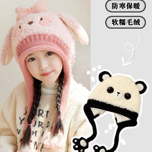 东北旅游儿童帽子围巾一体女童冬季套头帽男童女童防寒保暖毛线帽