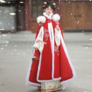 新年战袍 原创汉服女加绒加厚可拆卸刺绣毛呢斗篷披风冬款 鹊祥