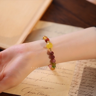 暖言天然碧玺手链女收藏级彩虹糖果彩色老矿原石碧玺手串珠宝礼物