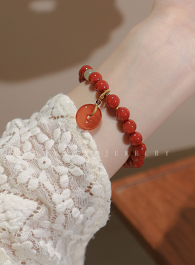 暖言红玛瑙手链女复古民族风和田玉平安扣水晶手串珠手饰红色珠子