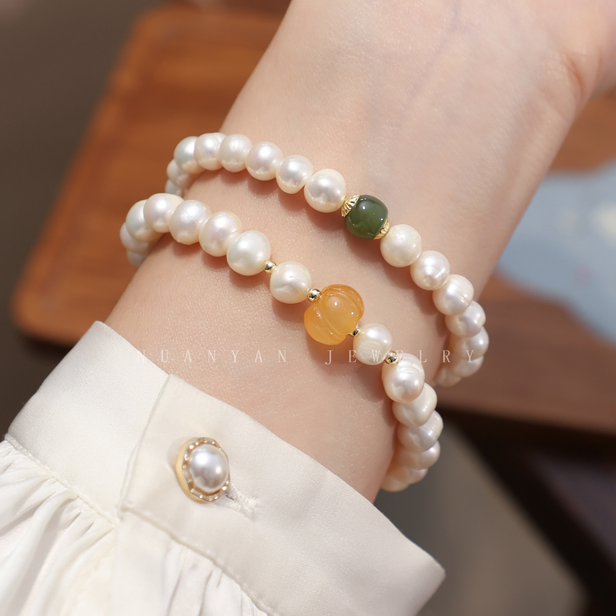 暖言天然淡水珍珠手链南瓜配饰女生ins小众设计手串轻奢串珠手饰