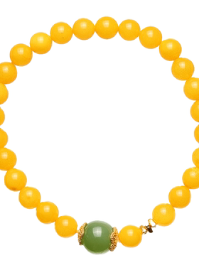 暖言天然琥珀蜜蜡手链女s925银镀金和田玉路路通配饰老蜜蜡手串珠