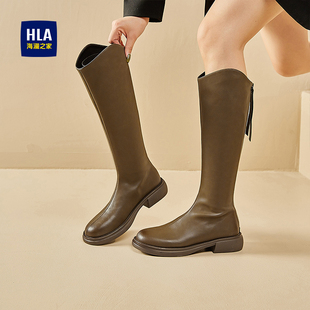 海澜之家2025冬季新款长靴女V领高筒骑士靴加绒显瘦黑色时装靴子
