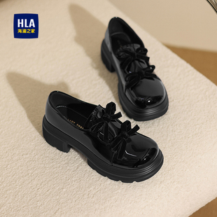 HLA/海澜之家女鞋2025新款黑色小皮鞋女乐福鞋英伦风复古厚底单鞋