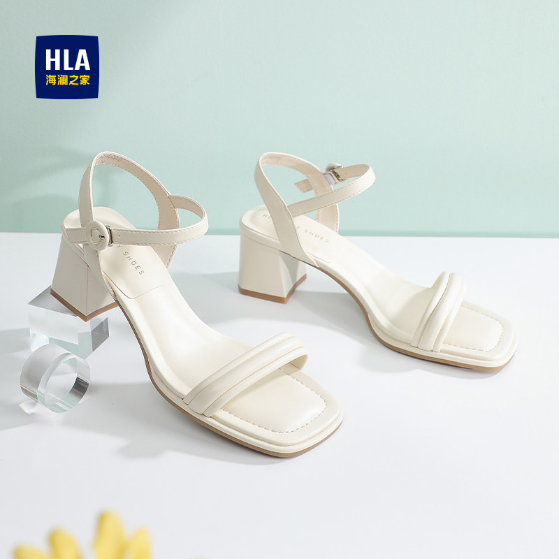 HLA/海澜之家粗跟凉鞋女秋冬新款简约通勤不累脚一字带时装凉鞋女,女鞋,一字带凉鞋,淘宝优惠券,粉丝福利购,淘宝优惠卷