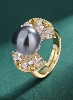 10mm蝴蝶结珍珠戒指微镶锆石白贝珍珠指环仿天然贝母珍珠调节戒指