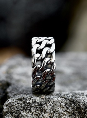 钢铁战士欧美复古不锈钢车链条戒指 钛钢铸造古巴链简约戒子