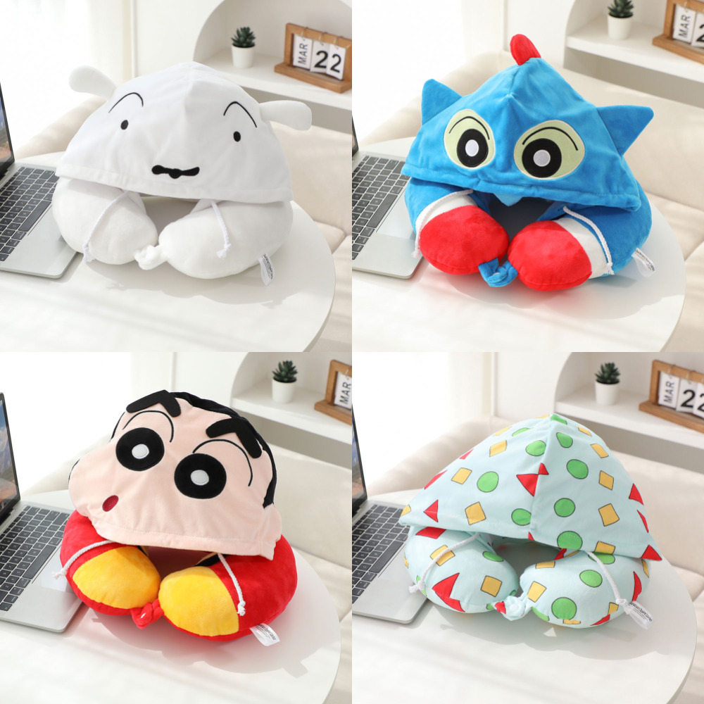 卡通蜡笔小新办公室午睡旅行坐车枕头护脖靠枕护颈枕连帽U型枕