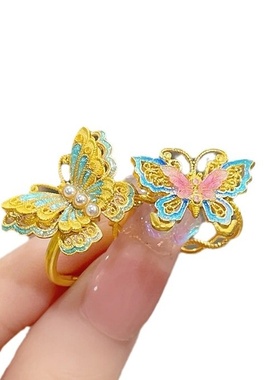 新中式古风金花边紫色粉色蝴蝶戒指女复古文艺镶嵌珍珠可调节指环