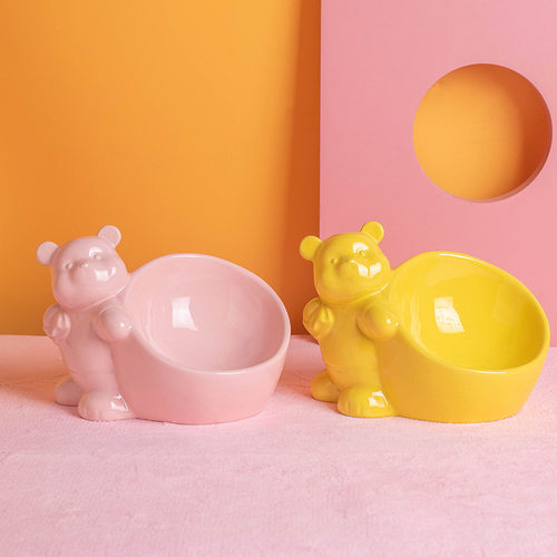 猫碗陶瓷大口径斜口宠物碗椎猫粮碗高脚卡通动物狗碗宠物用品