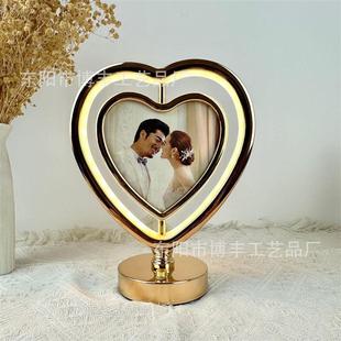 创意触摸爱心小夜灯正面相框反面镜子卧室床头灯金色简约装饰氛围