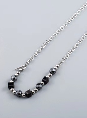冷淡风黑色冰裂珠拼接项链男潮钛钢链条小众高级感OT扣毛衣链颈链