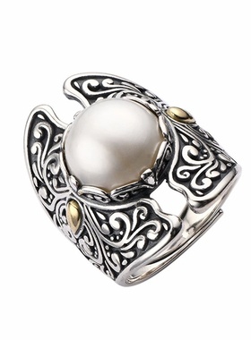 复古浮雕唐草纹盾牌戒指女士宽版轻奢小众高级设计感活口食指指环