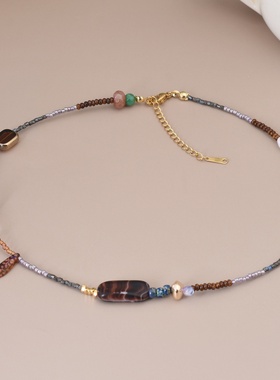 新中式彩色米珠天然石项链春秋级感锁骨链红色喜庆民族风毛衣链