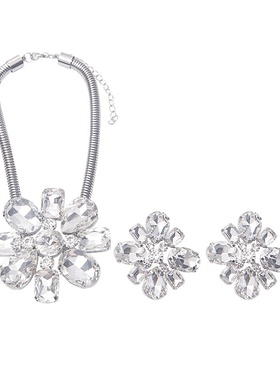 欧美时尚气质花朵项链夸张高级感镶钻颈链个性耳钉套装大水晶花