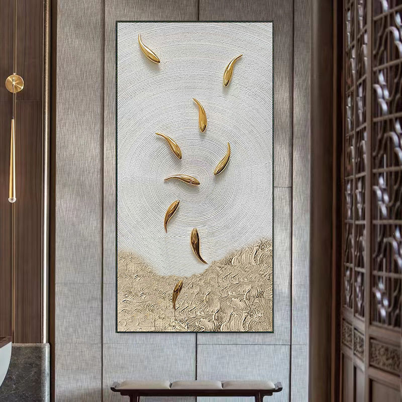 手绘九鱼图轻奢玄关装饰画寓意好简约客厅立体画竖版入户走廊壁画图片