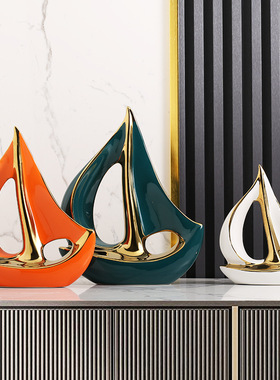 现代轻奢一帆风顺帆船摆件高档酒柜办公室电视柜家居陶瓷装饰品