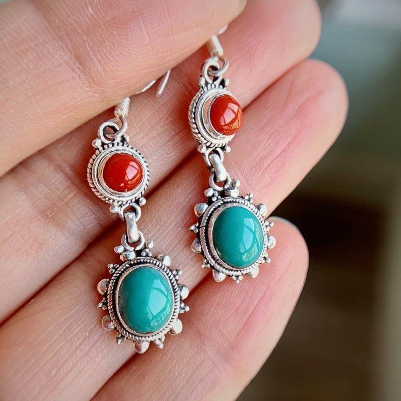 新款时尚民族风复古镀银手工镶嵌蜜蜡耳坠镶嵌松石耳环高档气质