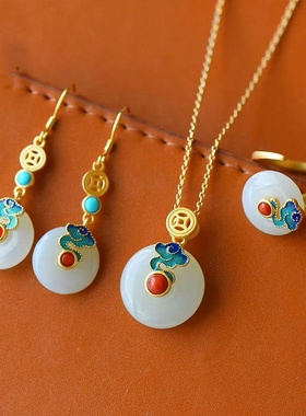 复古中国风平安扣吊坠和田玉项链女白玉简约款古法祥云旗袍首饰品