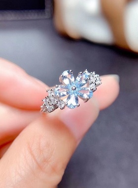 新款铜镀白金天然海蓝色开口戒指女花瓣款轻奢唯美精工镶嵌