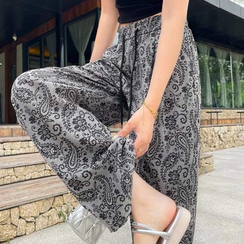 Printed drawstring pleated straight pants 印花抽绳压褶直筒裤