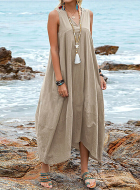 Casual V-neck pocket beach dress woman 休闲V领口袋沙滩长裙女