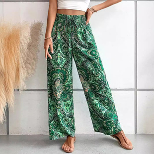 elastic pants休闲印花松紧腰宽松直筒裤 waist leg wide Printed