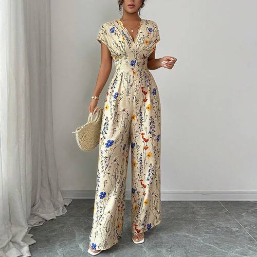 V领女式短袖收腰印花连体裤 V-neck drawstring printed jumpsuit