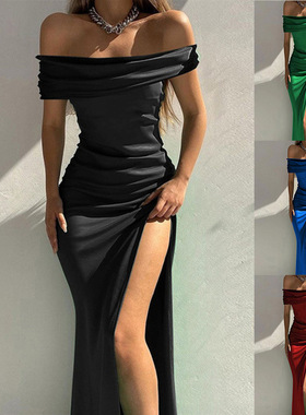 Sexy slit one-line collar long dress  性感开衩一字领连衣长裙