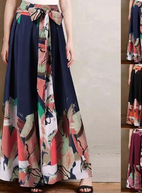 Loose print lace-up wide-leg pants    休闲宽松印花系带阔腿裤
