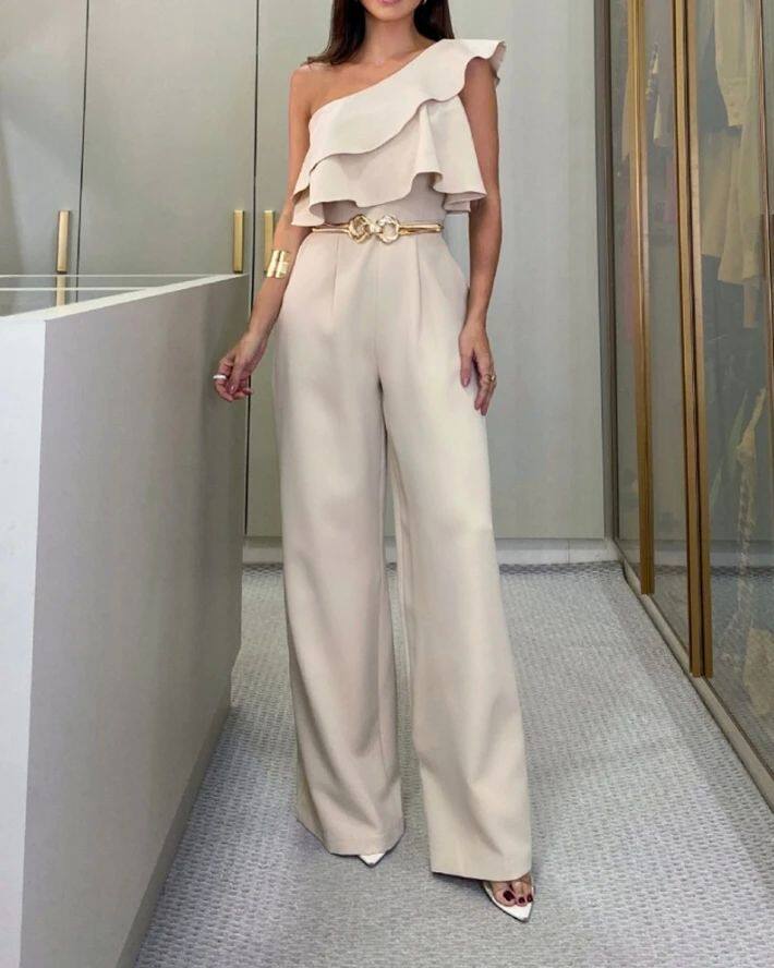 Apricot One Shoulder Slim Fit jumpsuit杏色单肩荷叶边连体裤女