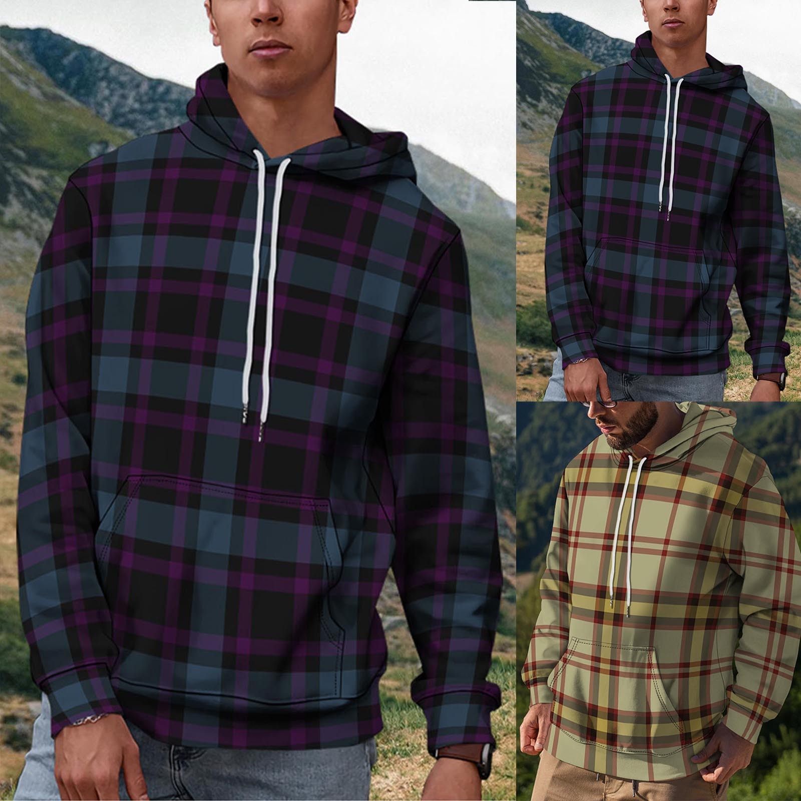 3D plaid print large size hoodie  3D格子印花大码连帽长袖卫衣