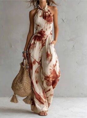 印花挂脖无袖连体裤女printed hanging neck sleeveless jumpsuit