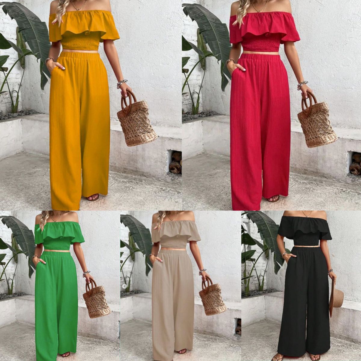 A one-word shoulder fringe trousers set 一字肩荷叶边长裤套装