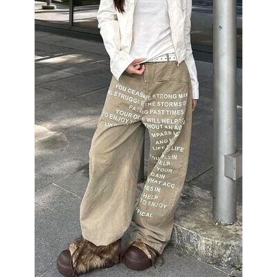 复古设计字母印花牛仔裤女 Vintage design letter printed jeans
